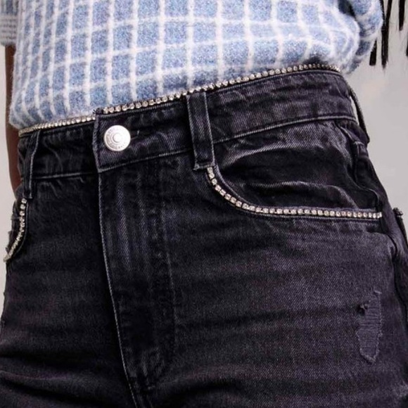 NWT Maje “Diamond” Black Wide Leg Jeans w Rhinestone Trim—missing rhinestones - Picture 2 of 16